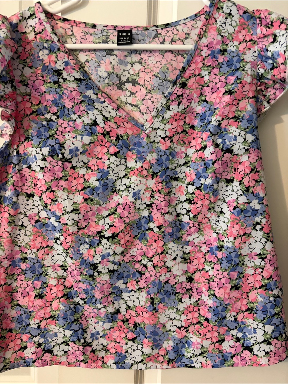 SHEIN Pink Blue Floral V-Neck Short Sleeve Blouse